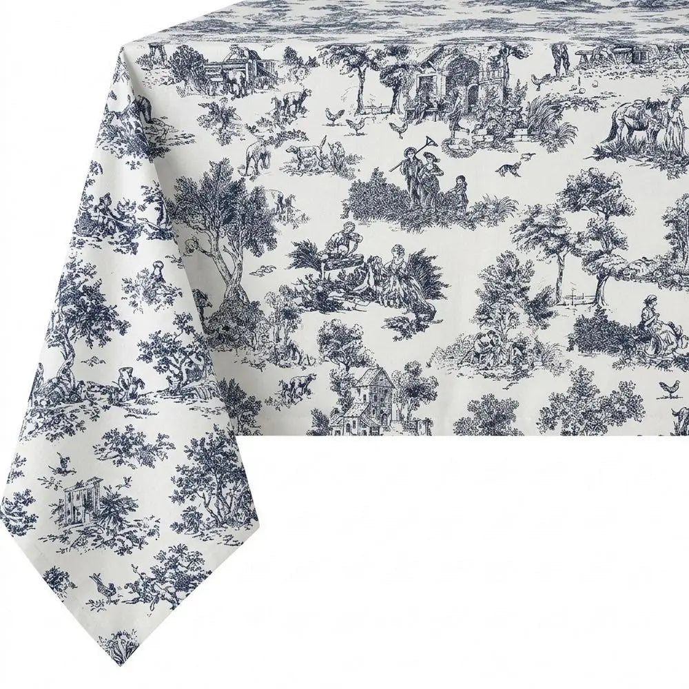 Tovaglia in Cotone 100% Artigianale Italiana Toile de Jouy blu rettangolare 6 12 18 posti