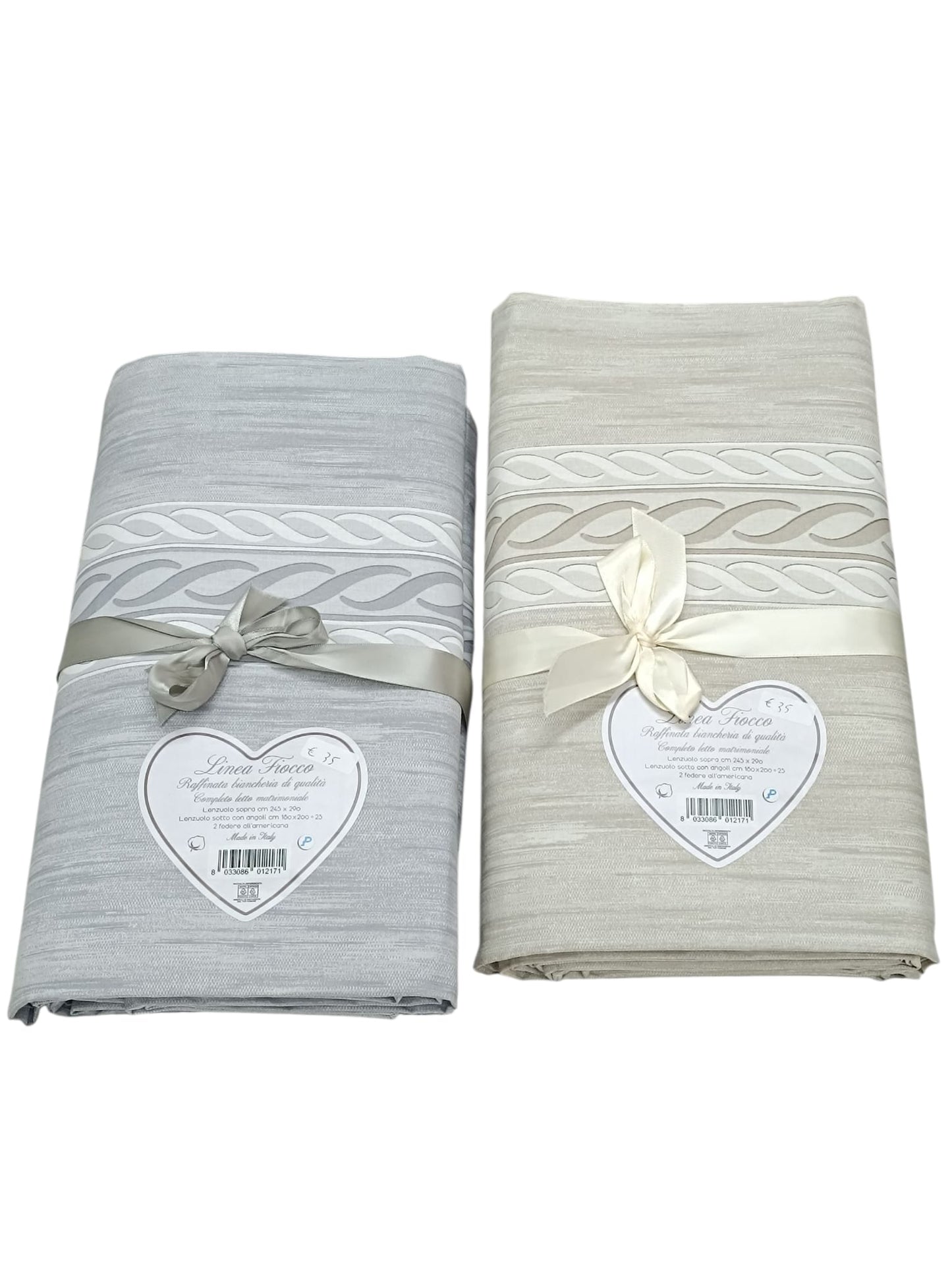 Completo letto matrimoniale made in Italy Linea Fiocco lenzuola cotone beige grigio