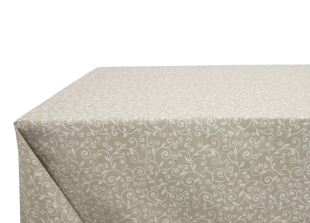 Tovaglia Artigianale Italiana 80% Cotone 20% Poliestere 6 12 18 posti rami foglie bianco fondo beige
