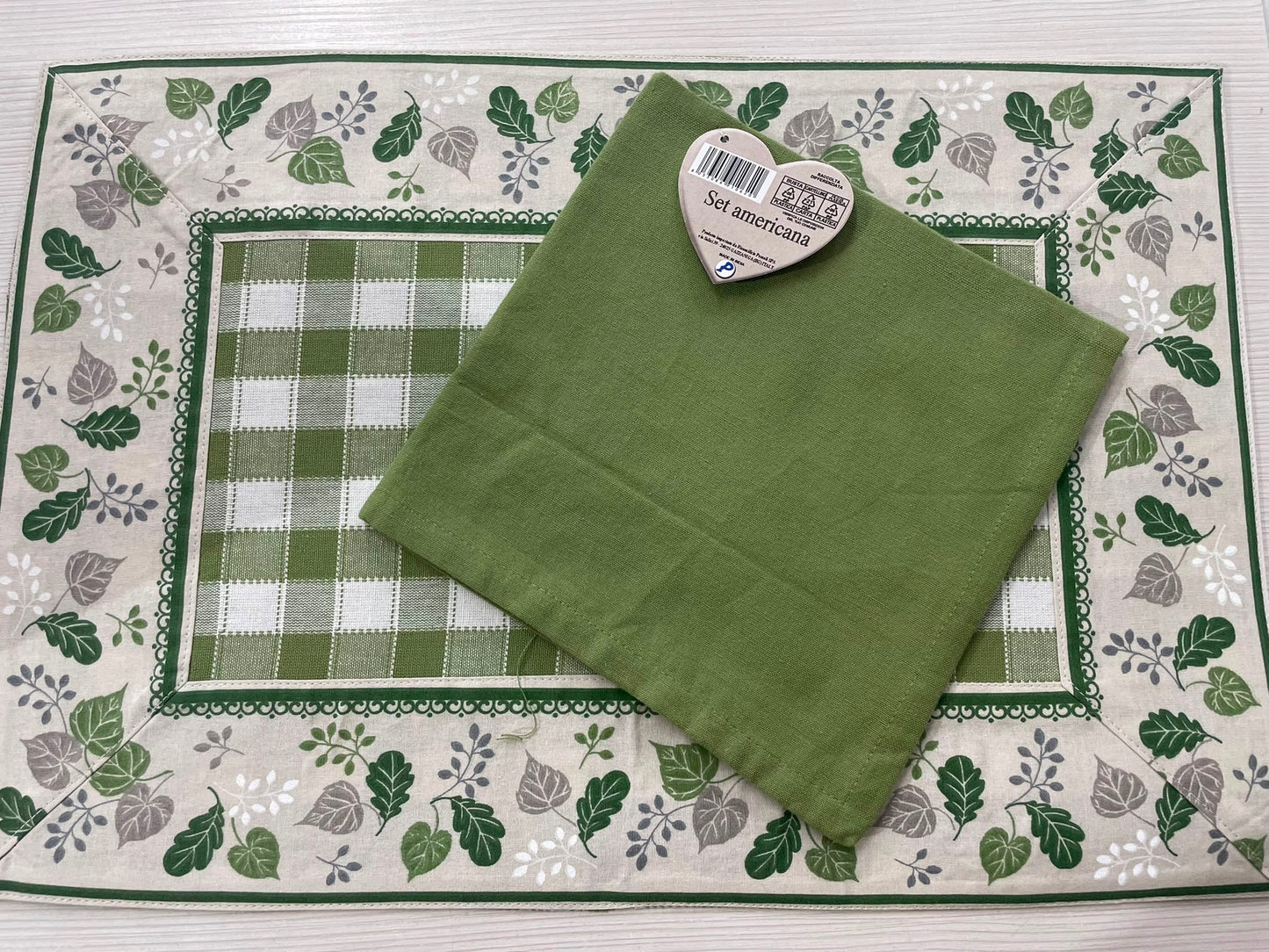Set Tovaglietta Americana colazione e Tovagliolo Fantasia Foglie Verdi – 100% Cotone | Made in Italy