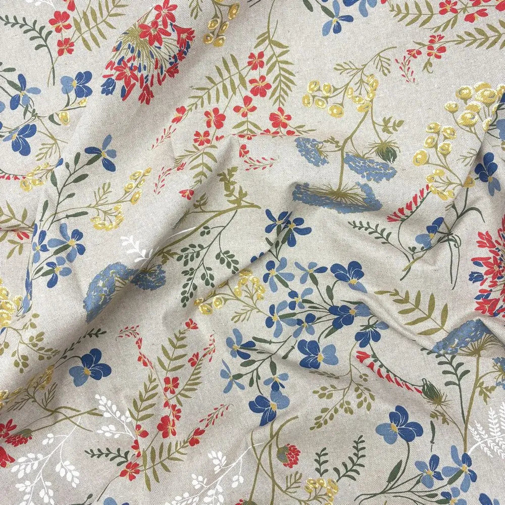 Tovaglia Artigianale Italiana 80% Cotone 20% Poliestere 6 12 18 posti fiori di campo colorati fondo beige