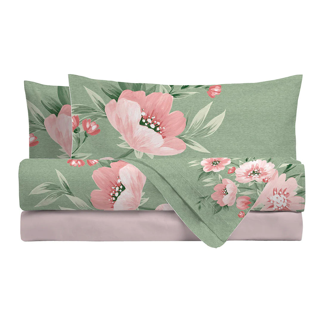 Lenzuolo completo letto matrimoniale Copriletto Fascia Decorativa stampa fotografica Joelle Di Maestro verde rosa