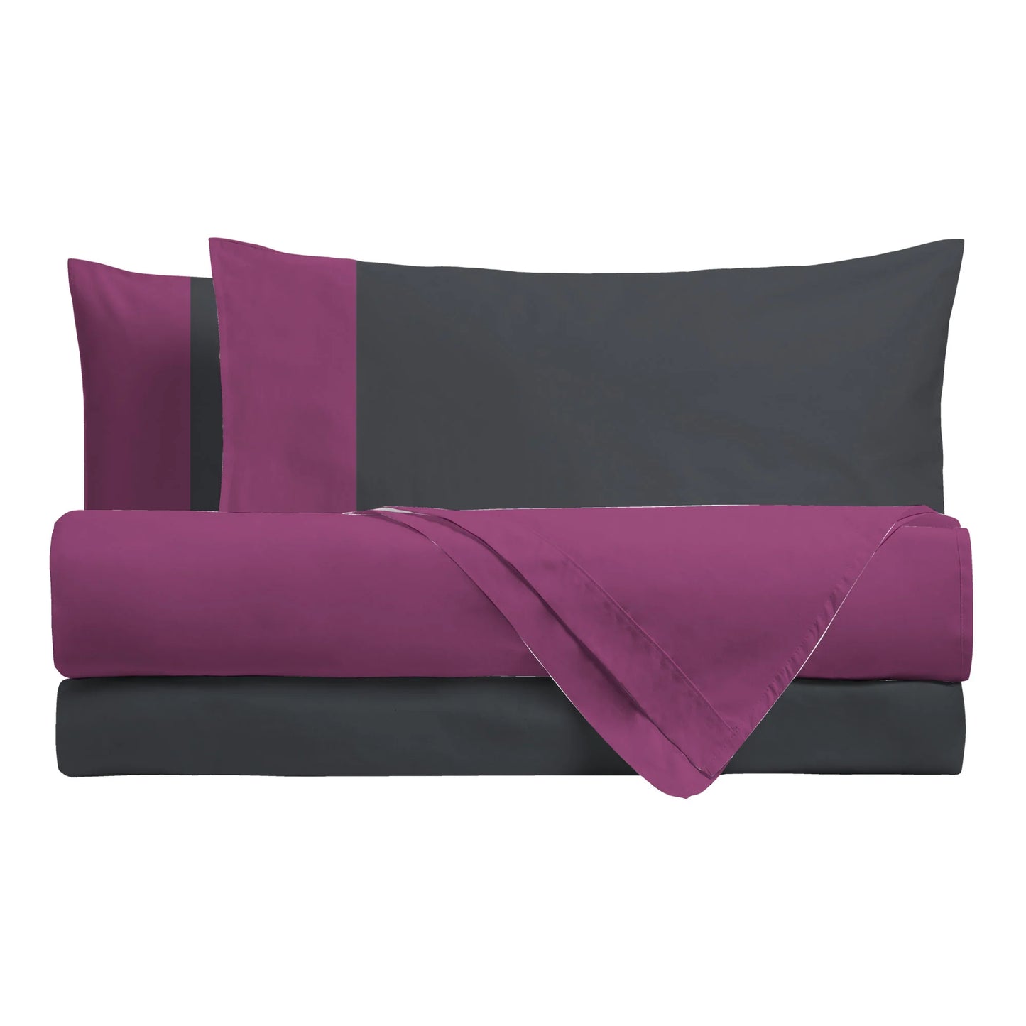 Happidea Completo Letto Singolo e Matrimoniale lenzuola in Cotone Bicolore ciclamino/grafite