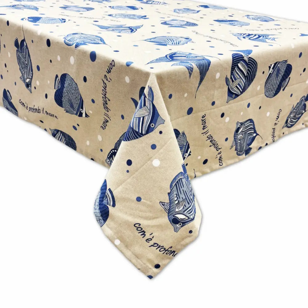 Tovaglia Artigianale Italiana 80% Cotone 20% Poliestere 6 12 18 posti pesci blu come è profondo il mare
