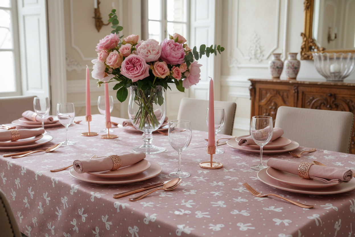 Tovaglia Artigianale Italiana 80% Cotone 20% Poliestere 6 12 18 posti fiocchi fiocchetti bianco rosa