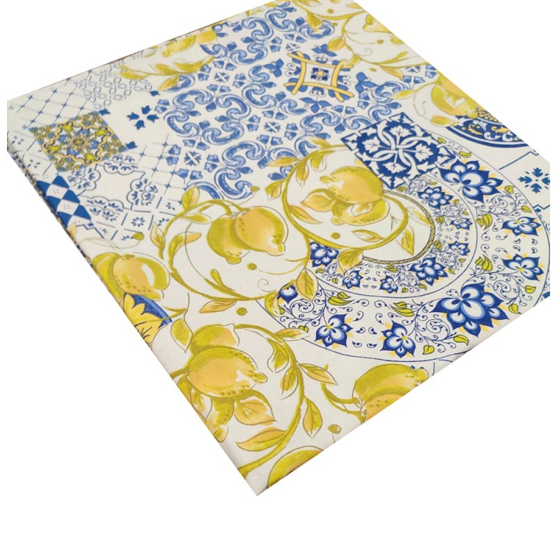 Tovaglia in Cotone 100% Artigianale Italiana limoni maioliche blu rettangolare 6 12 18 posti