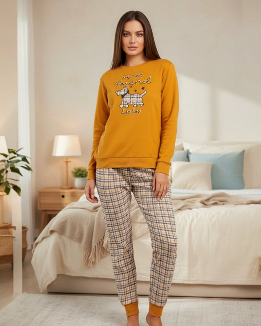 Pigiama donna Admas caldo cotone 63633 pied de poule senape