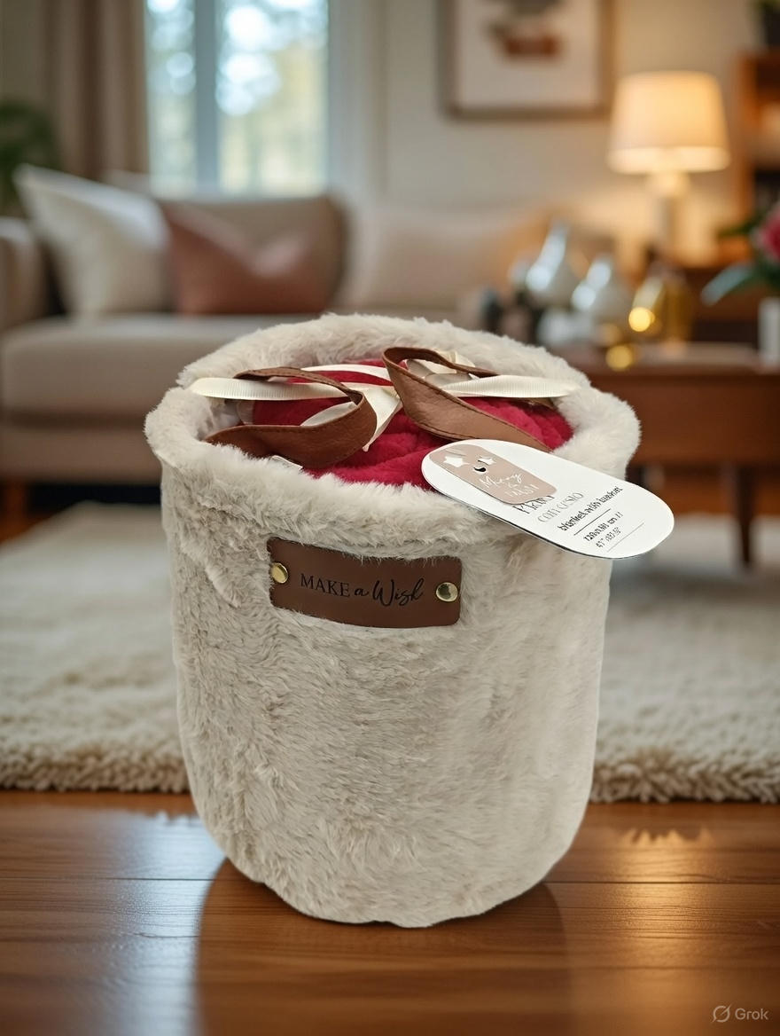 Plaid in Cesto 120x160 cm Yeti Himalayan Home Tinta Unita Beige/rosso grigio