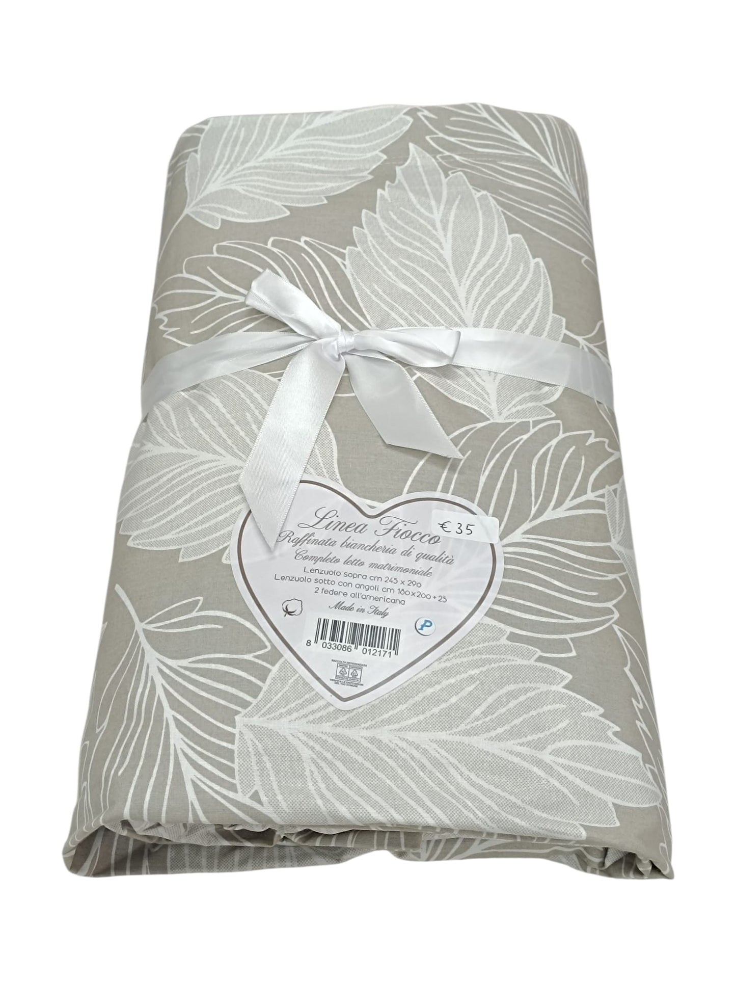Completo letto matrimoniale made in Italy Linea Fiocco lenzuola cotone foglie beige