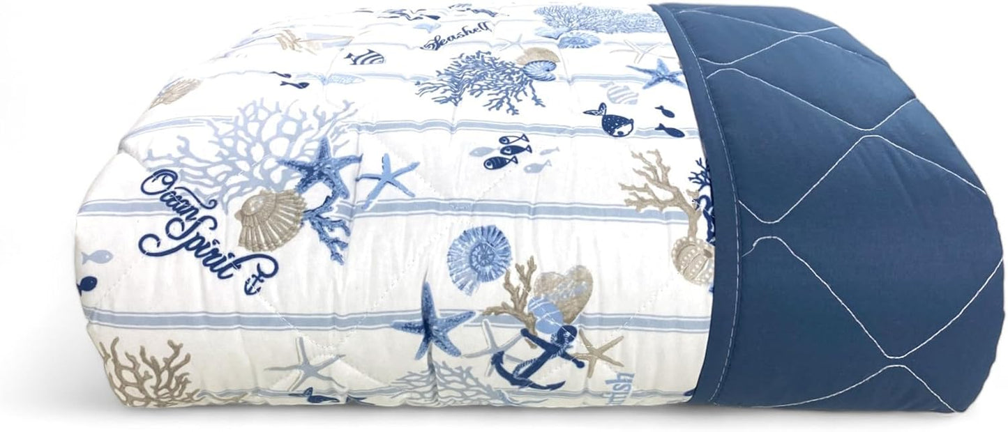 Copriletto Trapuntato Doubleface Mezzo Peso – Fantasia Mare e Tinta Unita Blu | Matrimoniale
