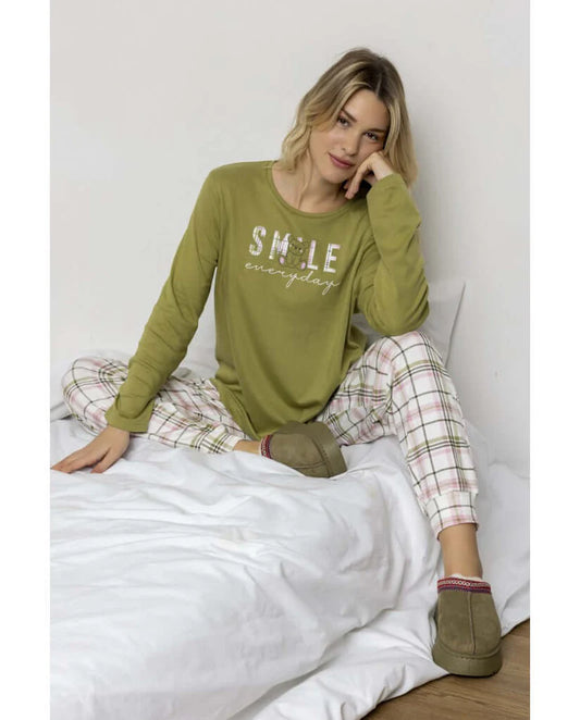 Pigiama donna Admas caldo cotone 63604 scozzese verde