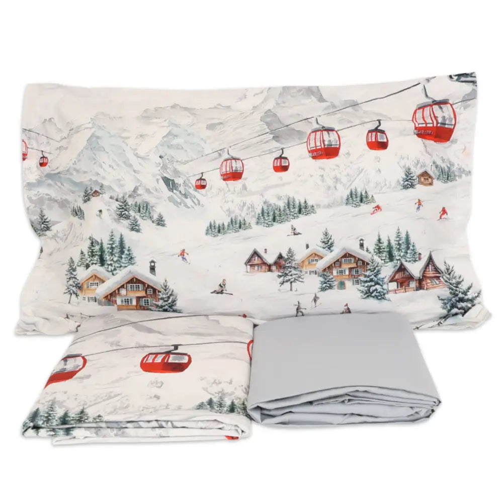 Completo letto matrimoniale stampa digitale paesaggio montagna sci 100% cotone