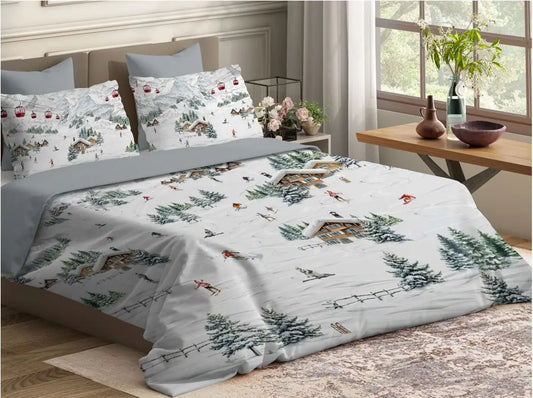 Completo letto matrimoniale stampa digitale paesaggio montagna sci 100% cotone