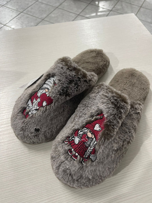 Ciabatte Donna Peluche Grigie con Ricamo Elegante elfi - Pantofole Aperte