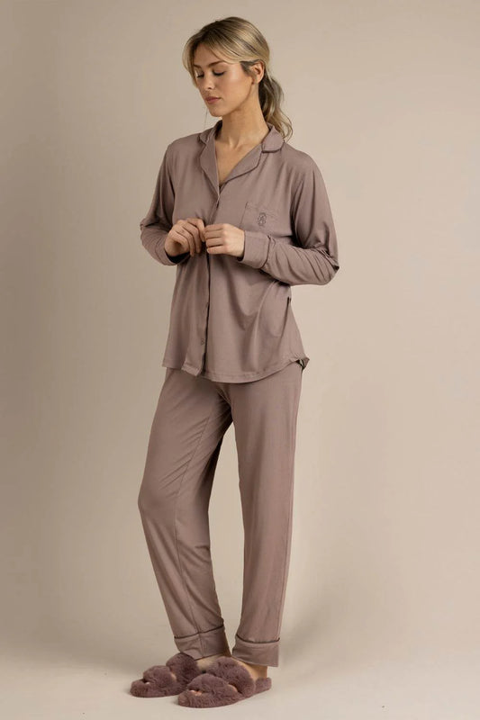 Pigiama donna Admas caldo cotone 62617 aperto scollo V champagne moka