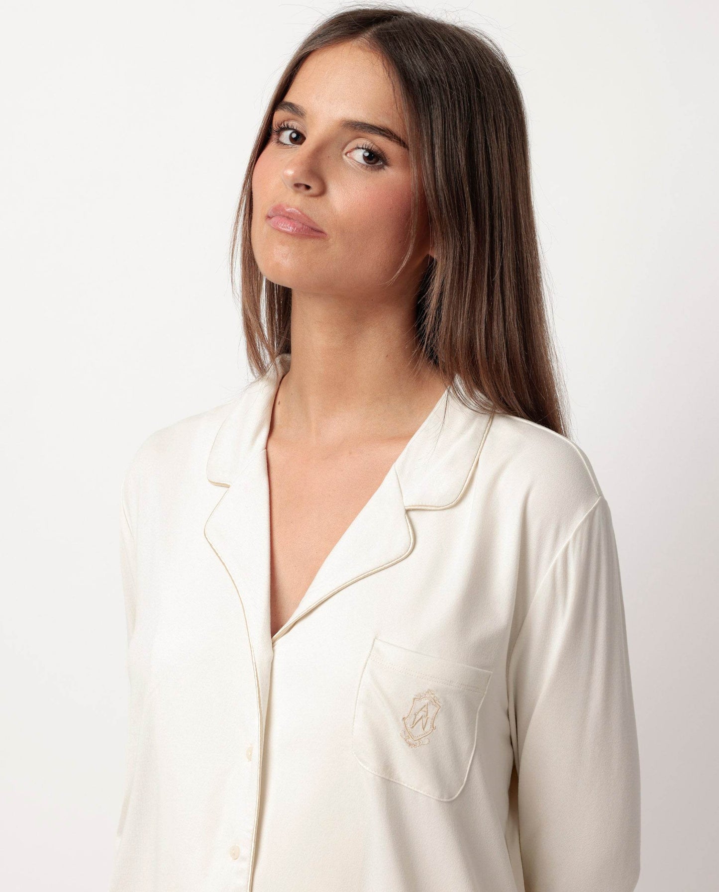 Pigiama donna Admas caldo cotone 62617 aperto scollo V champagne moka