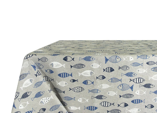 TOVAGLIA RESINATA ANTIMACCHIA IDROREPELLENTE COTONE MADE IN ITALY pesci grigio