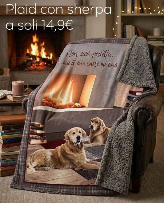 Plaid in pile agnellato stampa digitale Sherpa Golden con cani e frase – 3 misure