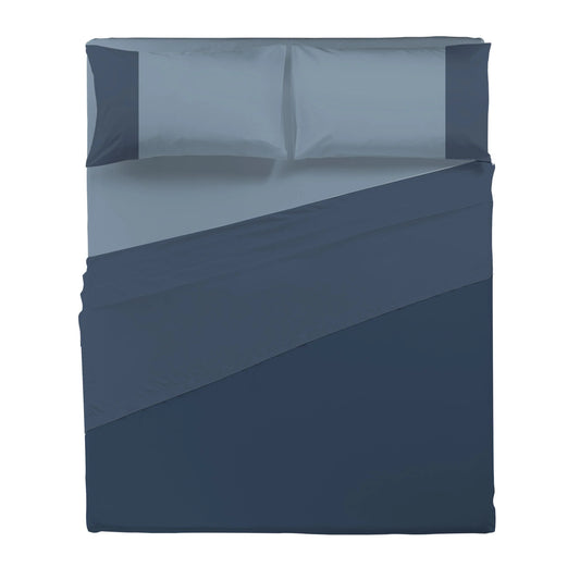 Happidea Completo Letto Singolo e Matrimoniale lenzuola in Cotone Bicolore blu profondo/azzurro polvere