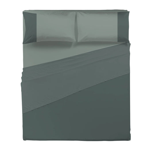 Happidea Completo Letto Singolo e Matrimoniale lenzuola in Cotone Bicolore foresta/salvia