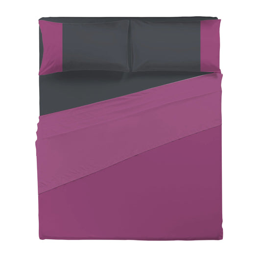 Happidea Completo Letto Singolo e Matrimoniale lenzuola in Cotone Bicolore ciclamino/grafite