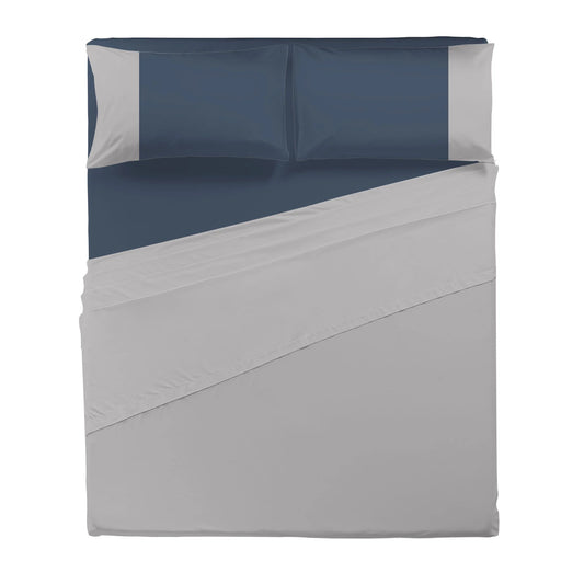 Happidea Completo Letto Singolo e Matrimoniale lenzuola in Cotone Bicolore perla/blu profondo