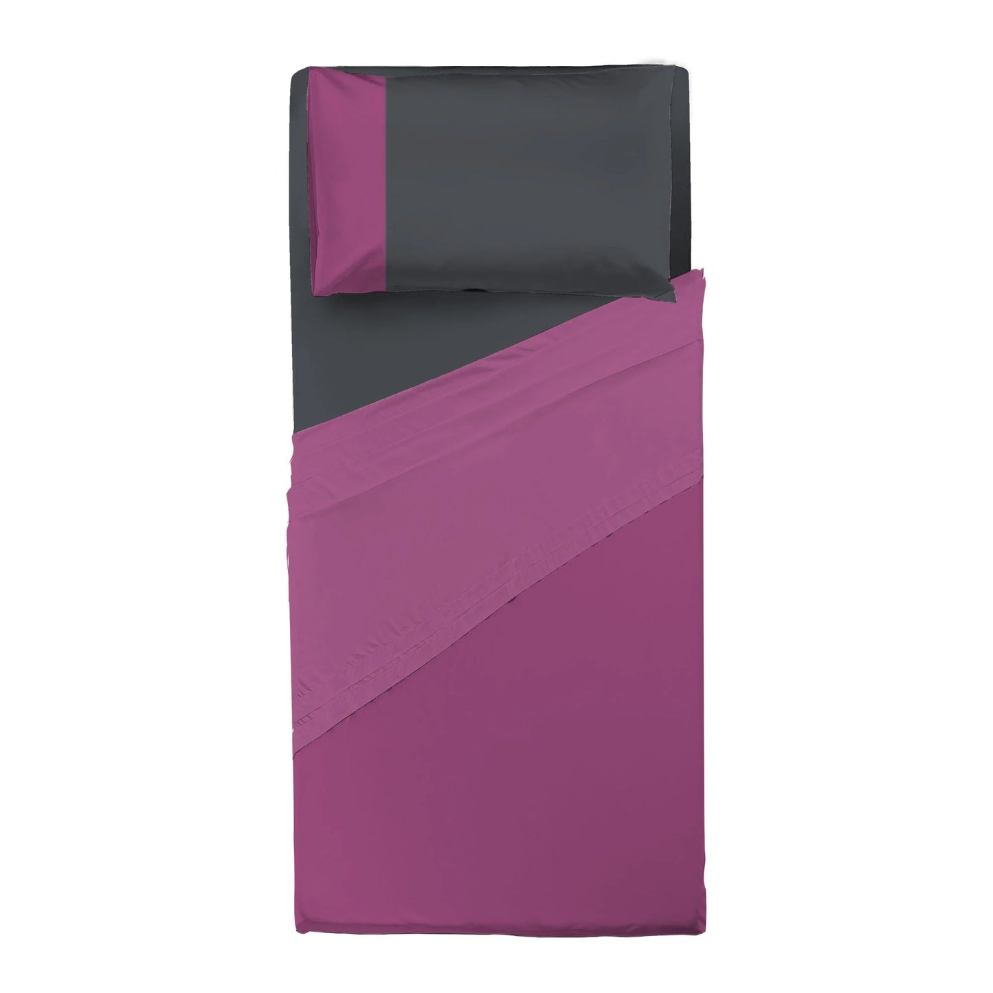 Happidea Completo Letto Singolo e Matrimoniale lenzuola in Cotone Bicolore ciclamino/grafite