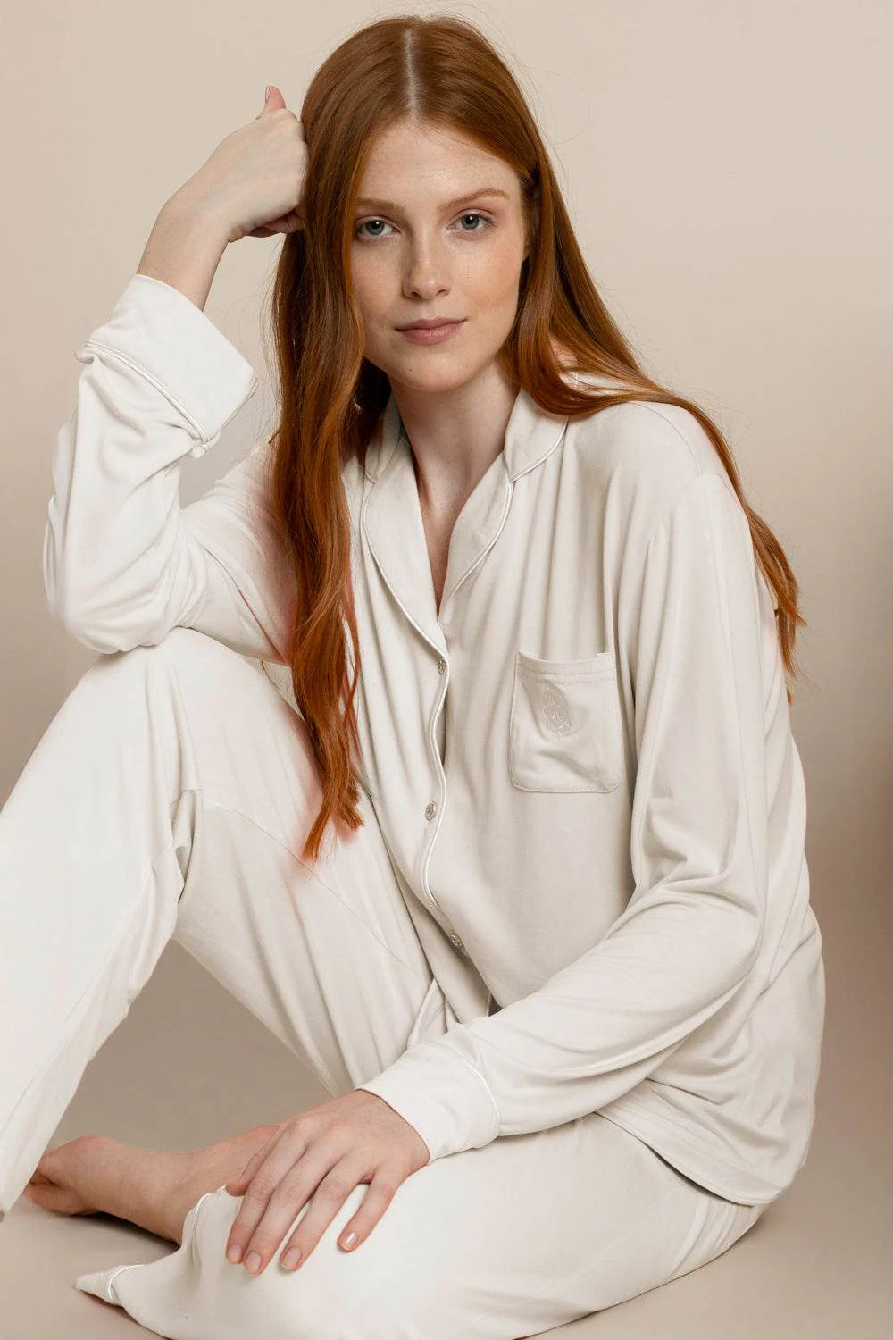 Pigiama donna Admas caldo cotone 62617 aperto scollo V champagne moka