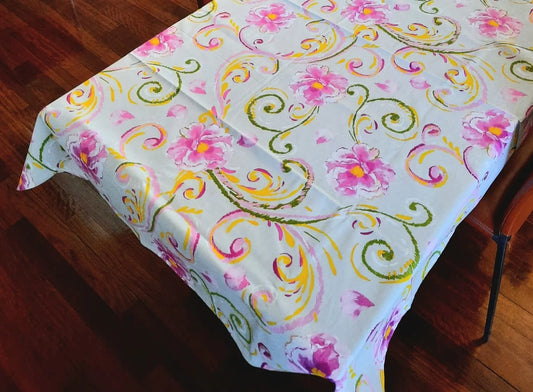 Tovaglia in Cotone 100% Artigianale Italiana fiori rosa giallo verde