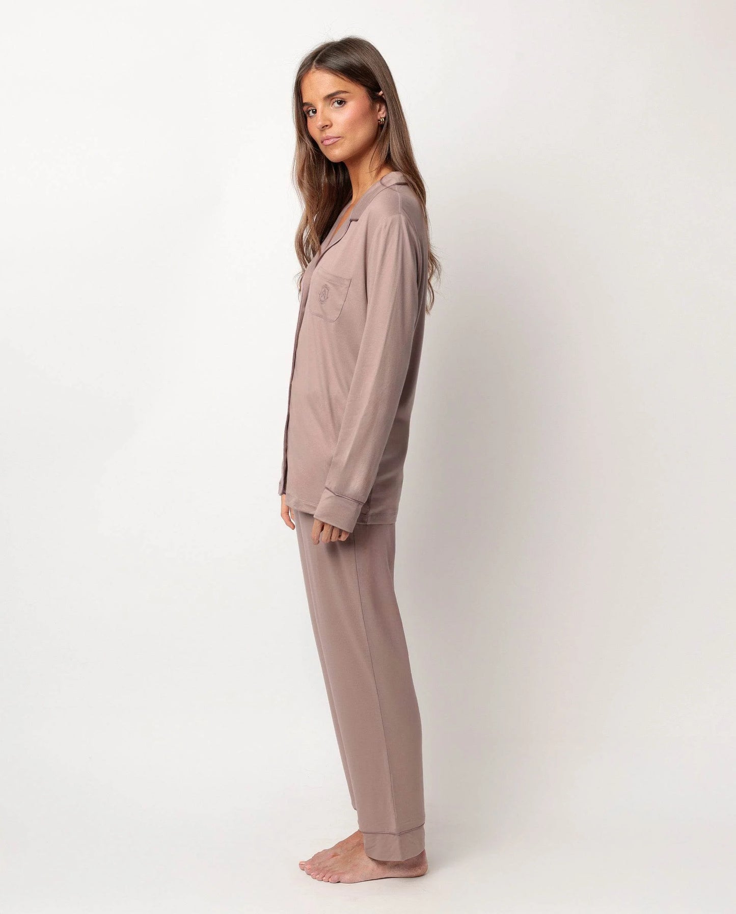 Pigiama donna Admas caldo cotone 62617 aperto scollo V champagne moka