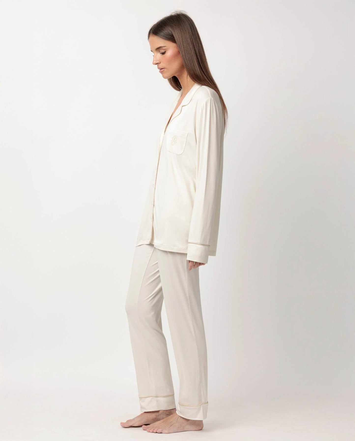 Pigiama donna Admas caldo cotone 62617 aperto scollo V champagne moka