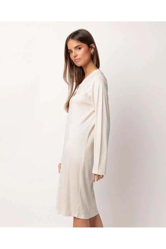 Camicia da notte donna Admas caldo cotone 61417 aperto scollo V beige viscosa