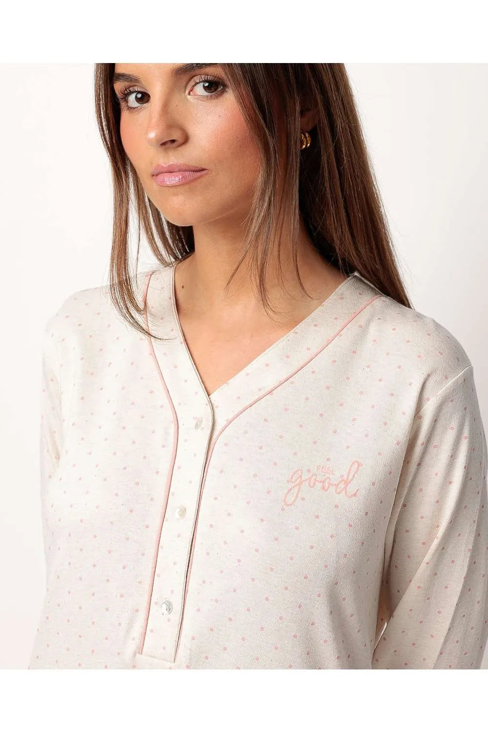Camicia da notte donna Admas caldo cotone 61417 aperto scollo V beige viscosa