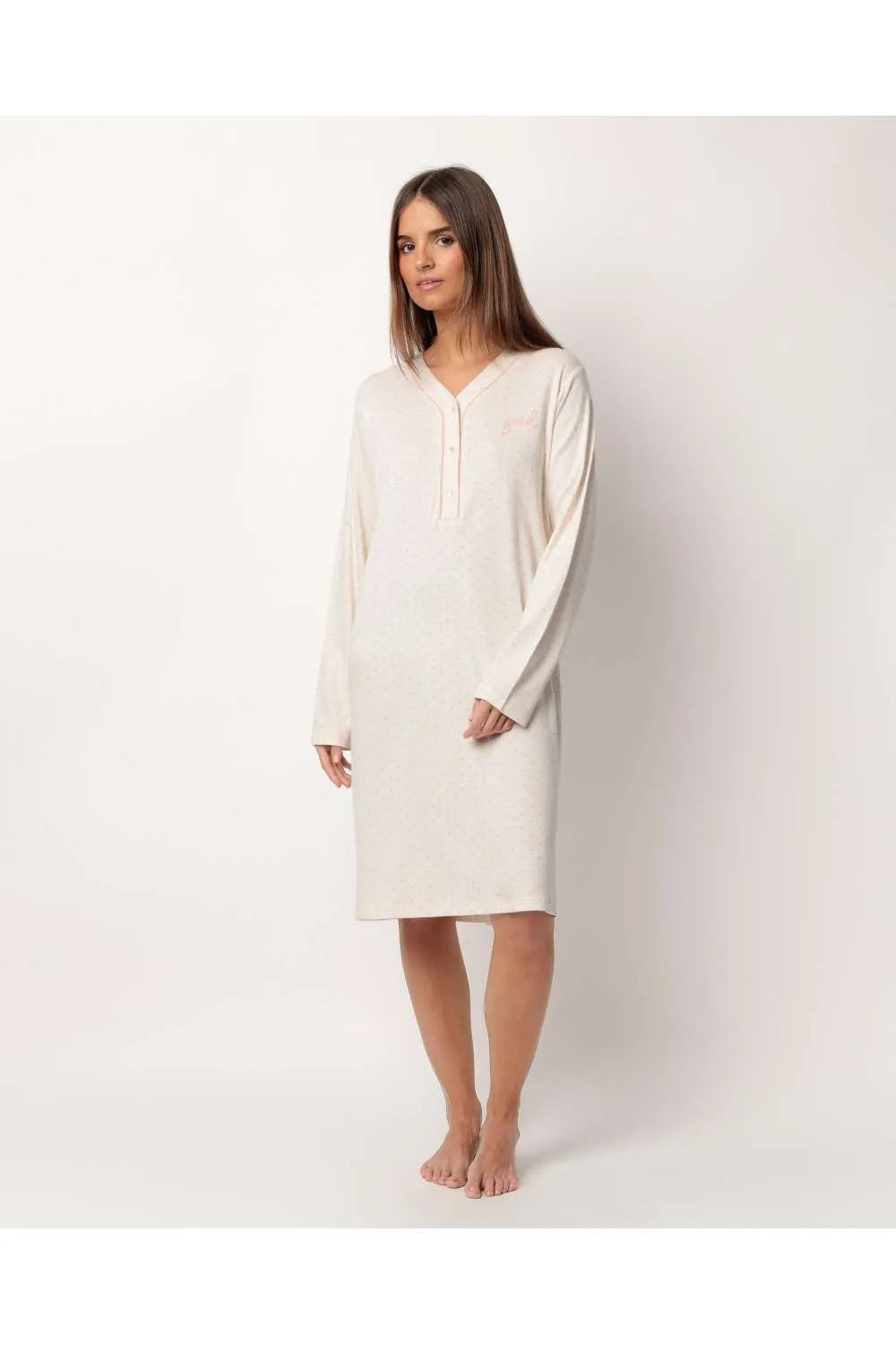 Camicia da notte donna Admas caldo cotone 61417 aperto scollo V beige viscosa
