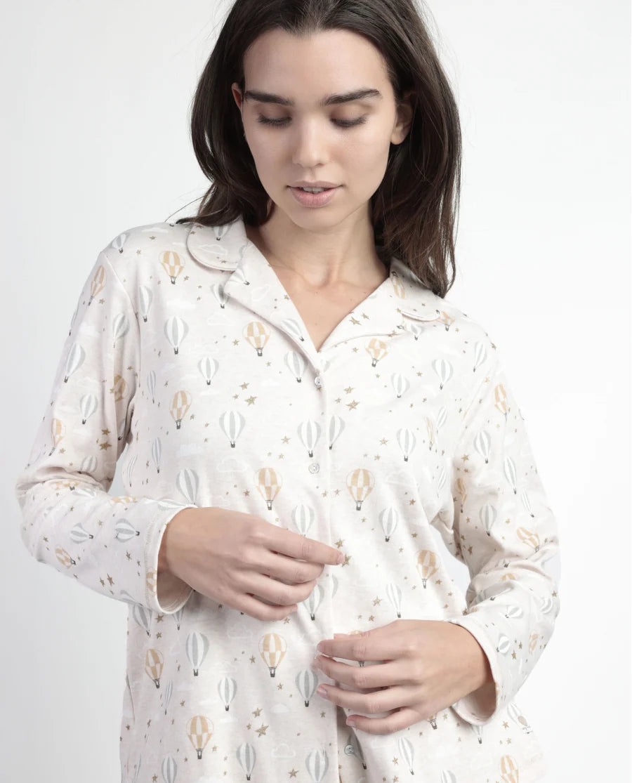 Pigiama donna Admas caldo cotone 63608 aperto scollo V con mongolfiere