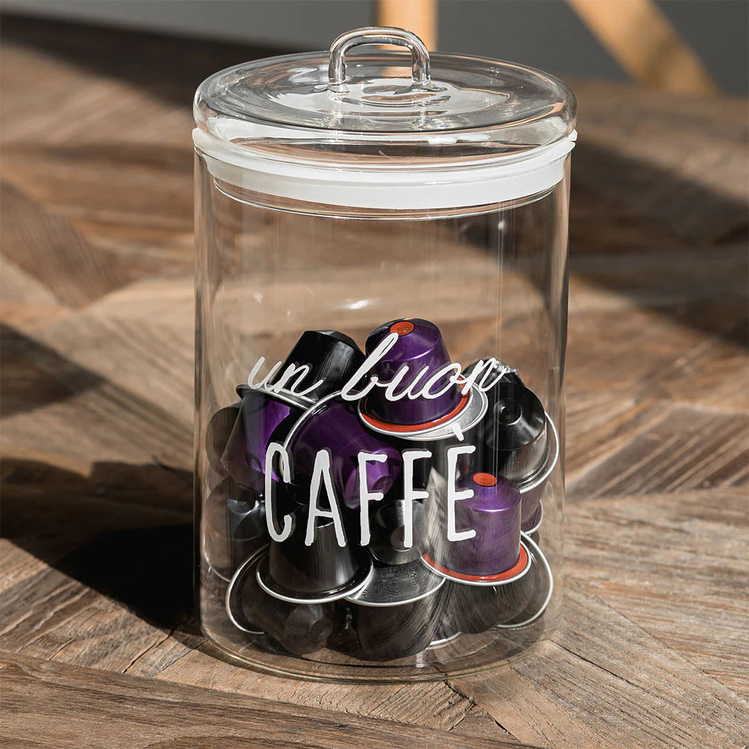Barattolo Caffè capsule polvere chicchi Vetro Borosilicato Ermetico Un Buon Caffè Simple Day 12x20cm