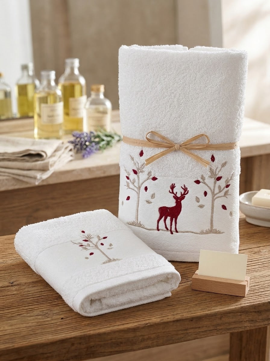 Set asciugamani 1+1 con balza ricamo cervo montagna – Cotone 380 g/m²