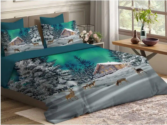 Set Copripiumino Matrimoniale paesaggio montagna cervi baita cotone