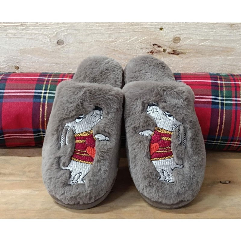 Pantofole Donna Peluche Grigie con Ricamo Cane - Ciabatte Invernali