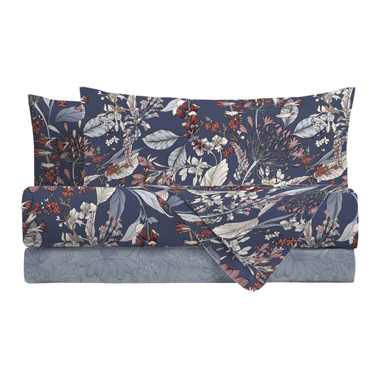 Lenzuola matrimoniali in cotone Daphne fiori blu | Di Maestro Italia