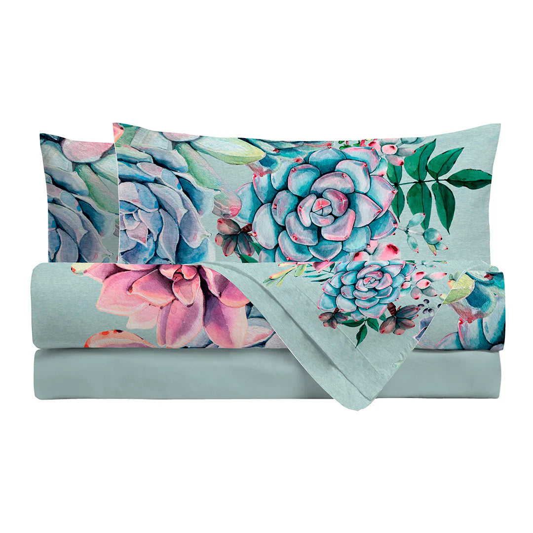 Lenzuolo completo letto matrimoniale Copriletto Fascia Decorativa stampa fotografica Desert Bloom Di Maestro verde acqua