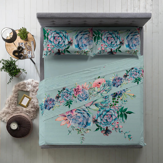 Lenzuolo completo letto matrimoniale Copriletto Fascia Decorativa stampa fotografica Desert Bloom Di Maestro verde acqua