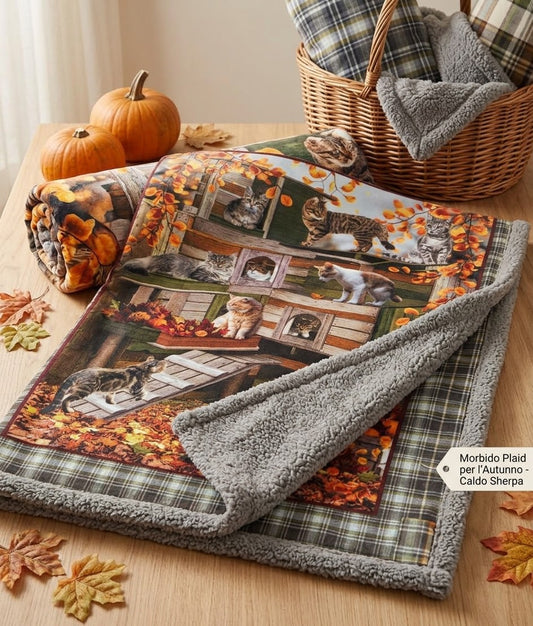 Plaid in pile agnellato stampa digitale Sherpa Gatti zucca autunno – 3 misure