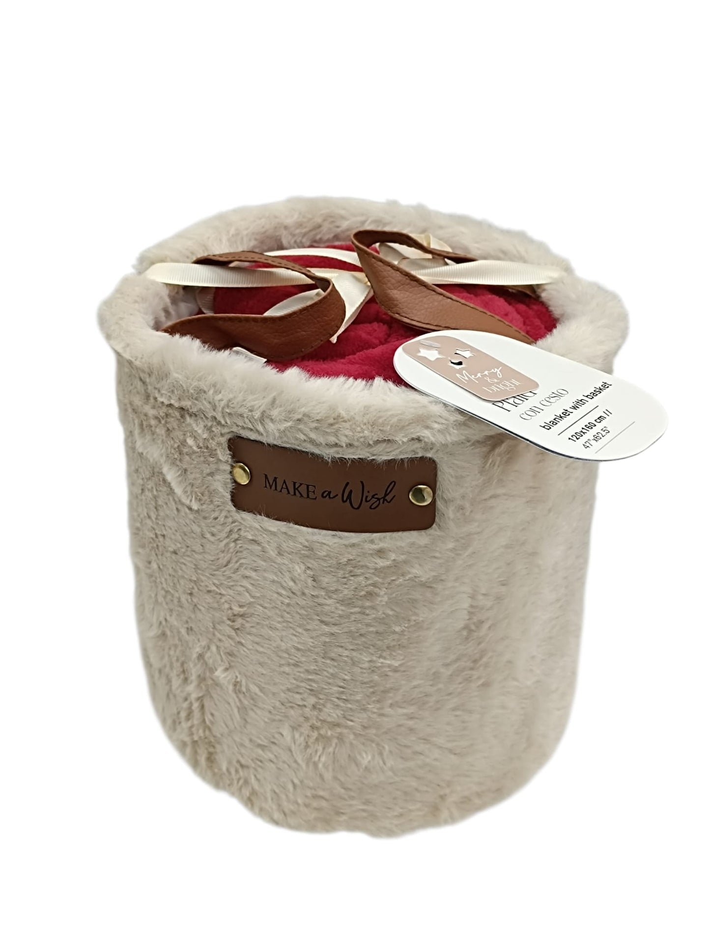 Plaid in Cesto 120x160 cm Yeti Himalayan Home Tinta Unita Beige/rosso grigio