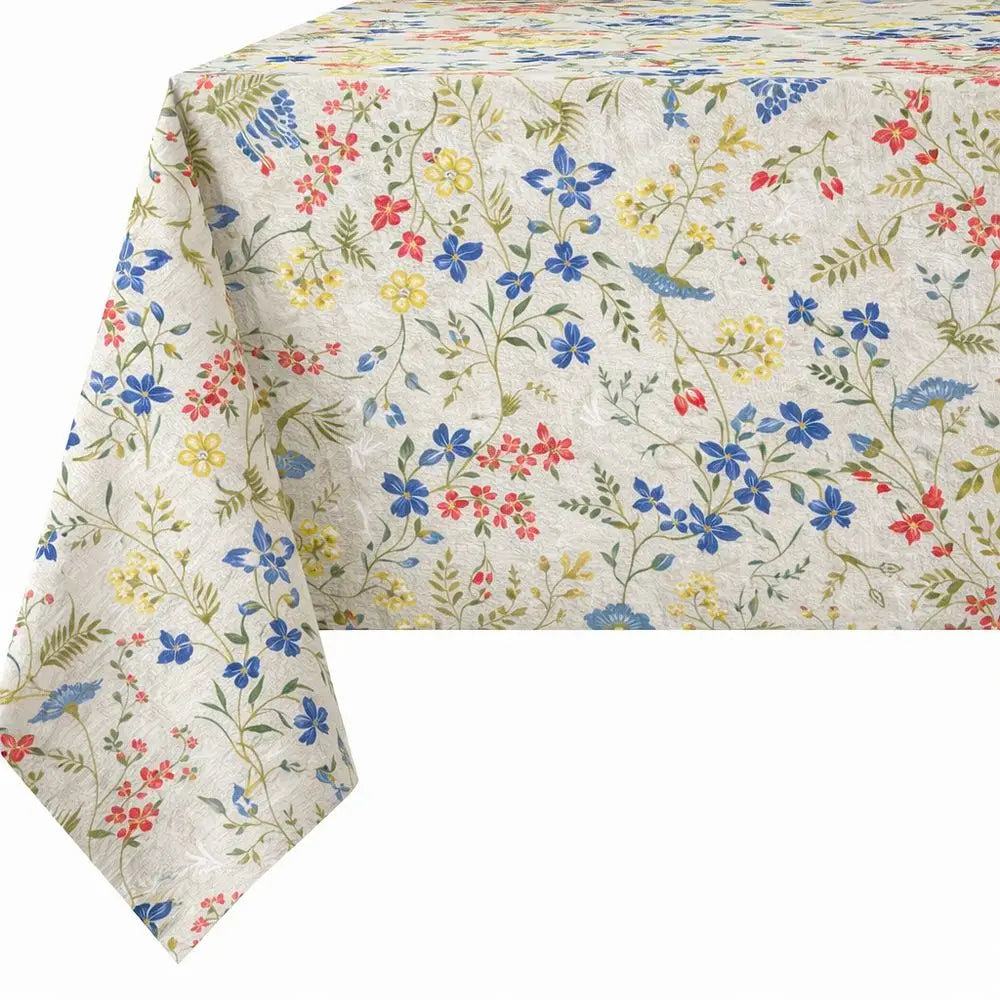 Tovaglia Artigianale Italiana 80% Cotone 20% Poliestere 6 12 18 posti fiori di campo colorati fondo beige