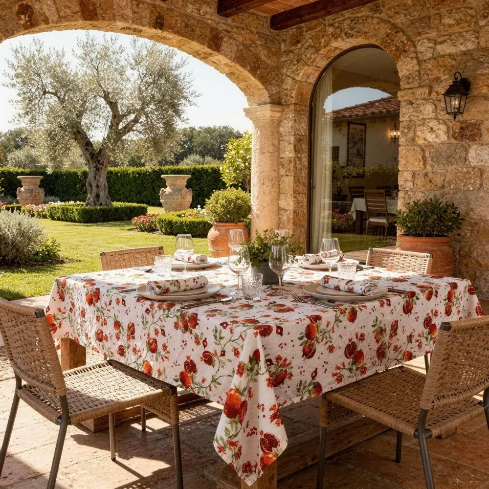 Tovaglia in Cotone 100% Artigianale Italiana fantasia melograno rettangolare 6 12 posti