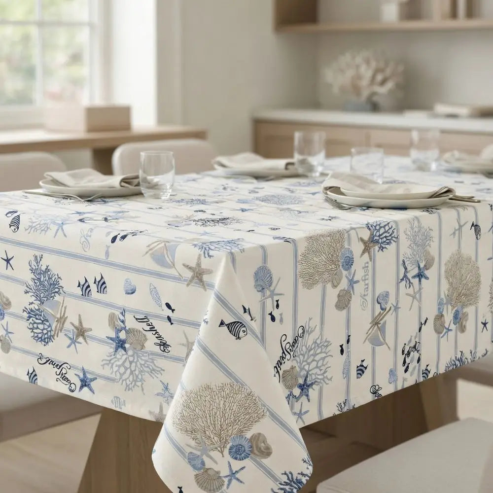 Tovaglia in Cotone 100% Artigianale Italiana fantasia oceano pesci mare rettangolare 6 12 18 posti