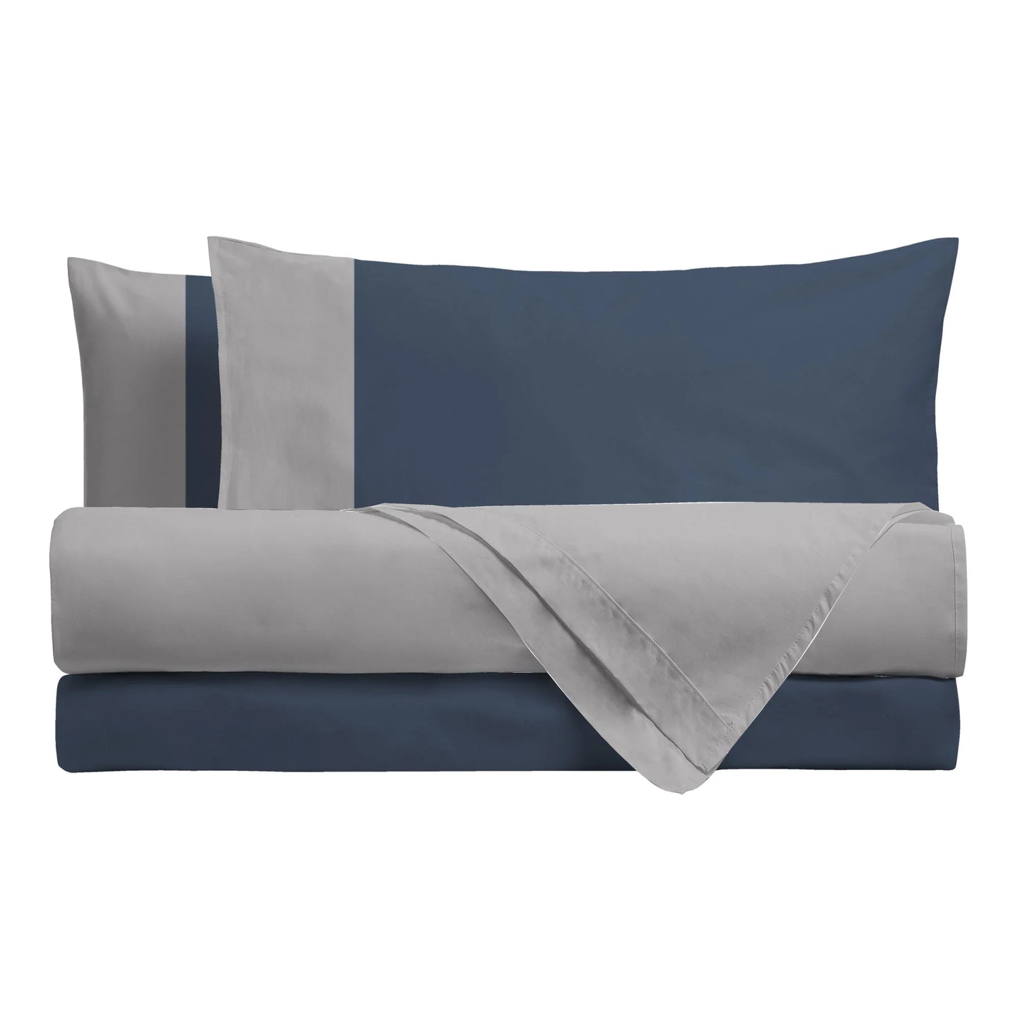 Happidea Completo Letto Singolo e Matrimoniale lenzuola in Cotone Bicolore perla/blu profondo
