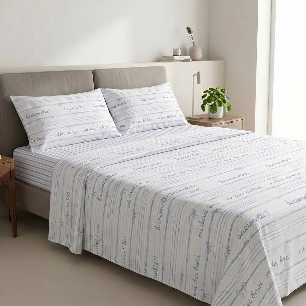 Completo Lenzuola Matrimoniale Percalle Fiocco azzurro bacio e righe Pezzoli