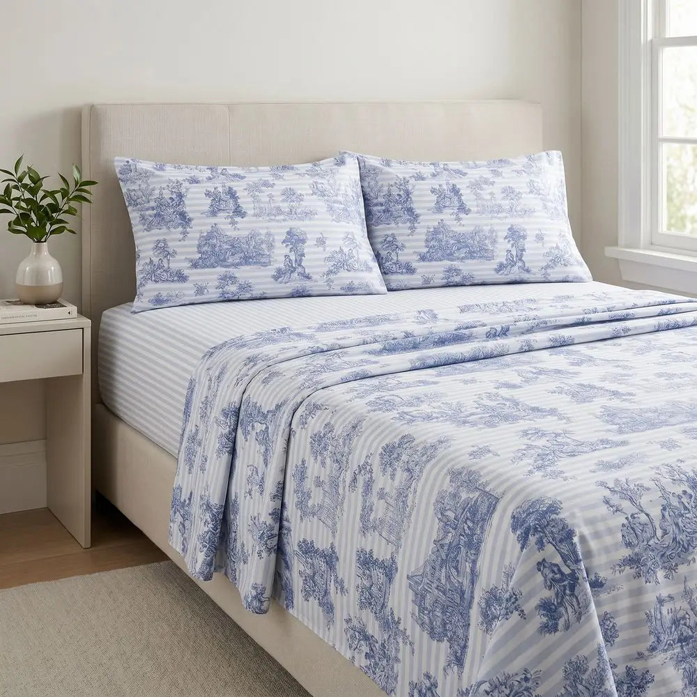 Completo Lenzuola Matrimoniale Percalle Toile de jouy blu e righe Pezzoli